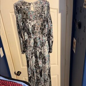 belle sky Long Sleeve Floral Abstract Maxi Dress - Black, White & Teal